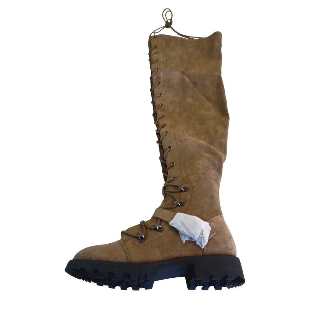 JustFab Phyllida Flat‎ Boots Women 7 Brown Over The Knee Lace Up Lug Sole Punk